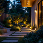 A photograph of a beautifully illuminated outdoor space showcasing various rab landscape lighting fixtures in use