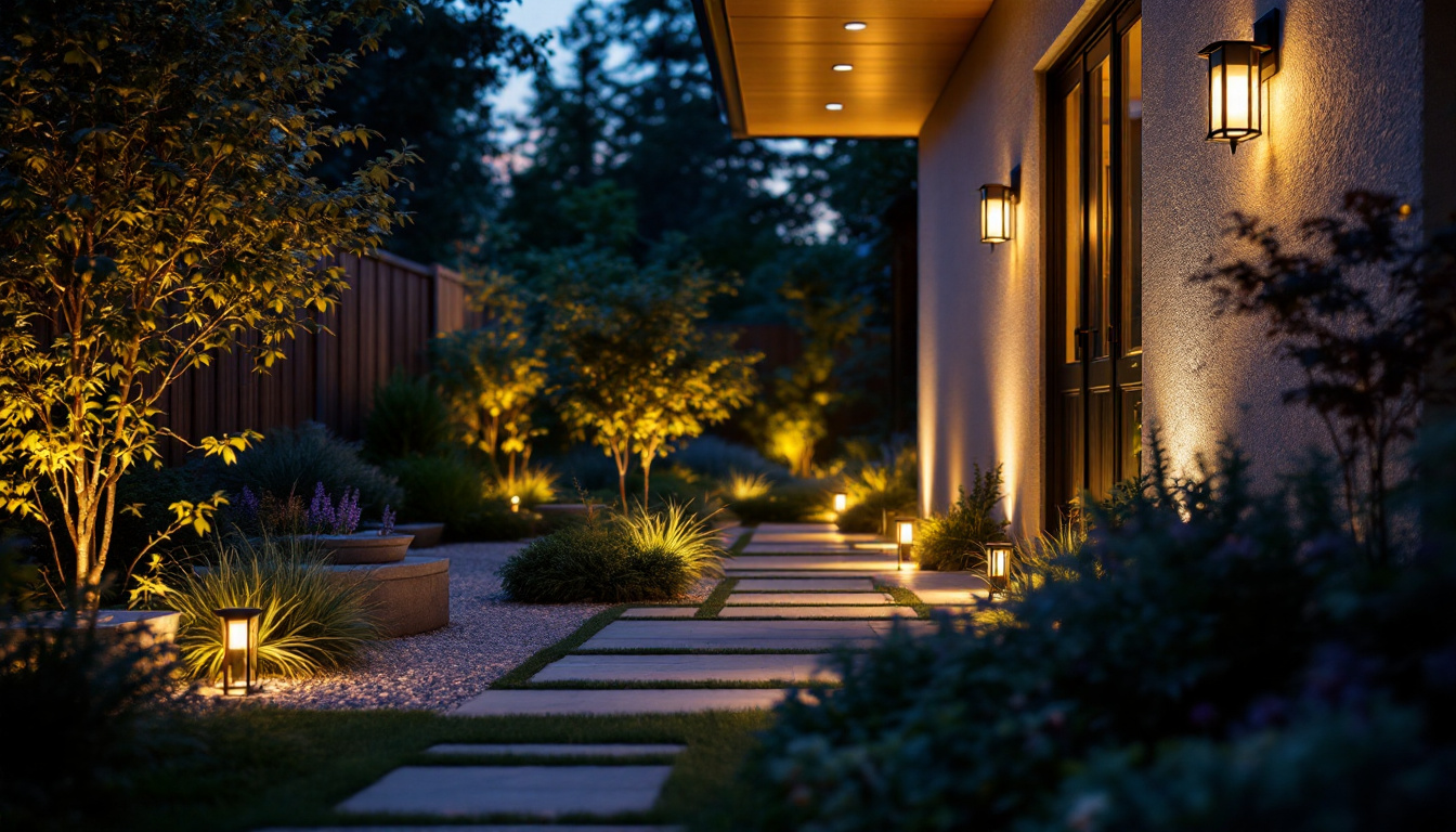A photograph of a beautifully illuminated outdoor space showcasing various rab landscape lighting fixtures in use