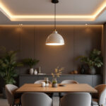 A photograph of a beautifully arranged dining or living space featuring a stylish pendant ceiling light as the focal point