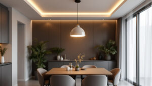 A photograph of a beautifully arranged dining or living space featuring a stylish pendant ceiling light as the focal point