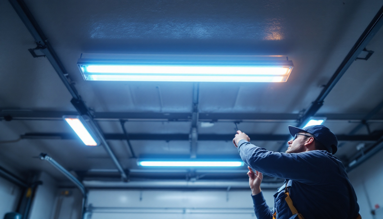 A photograph of a well-lit garage ceiling featuring modern led lights