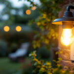 A photograph of an outdoor light fixture with an integrated outlet
