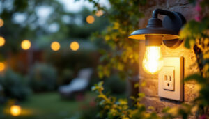 A photograph of an outdoor light fixture with an integrated outlet