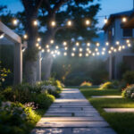A photograph of a well-lit outdoor space featuring various led flood lights installed in different settings