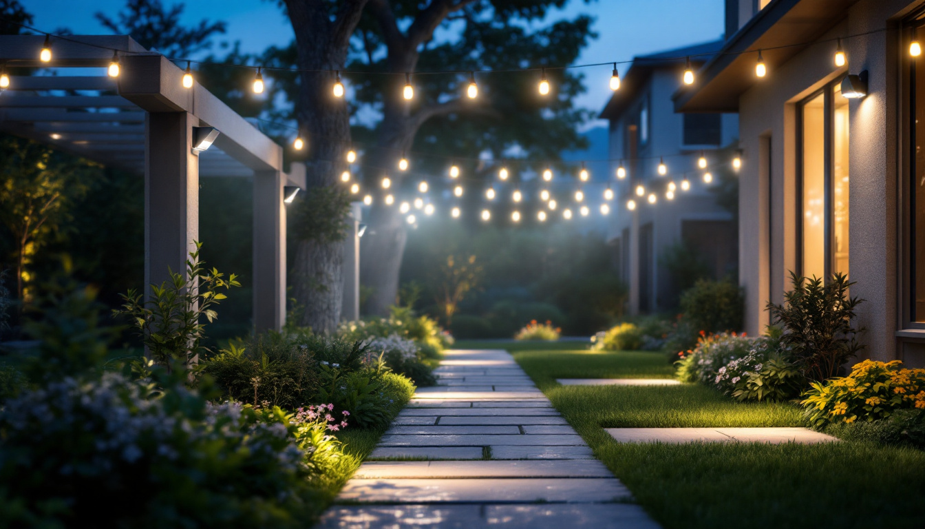 A photograph of a well-lit outdoor space featuring various led flood lights installed in different settings