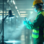 A photograph of a lighting contractor using uv sanitizing equipment in a commercial setting