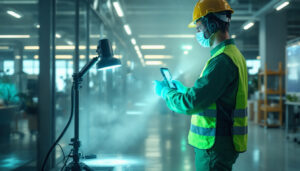 A photograph of a lighting contractor using uv sanitizing equipment in a commercial setting