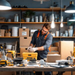 A photograph of a well-organized workspace featuring a variety of light fixture boxes