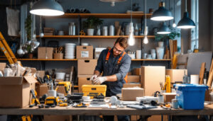 A photograph of a well-organized workspace featuring a variety of light fixture boxes