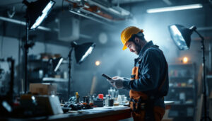 A photograph of a lighting contractor efficiently working in a well-lit garage