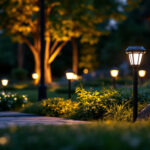 A photograph of a beautifully landscaped outdoor space illuminated by high-quality solar lights during twilight