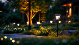 A photograph of a beautifully landscaped outdoor space illuminated by high-quality solar lights during twilight