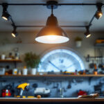 A photograph of a well-lit garage featuring a stylish ceiling light fixture