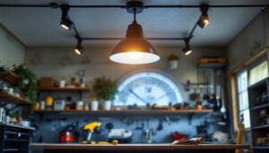A photograph of a well-lit garage featuring a stylish ceiling light fixture