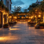 A photograph of a beautifully lit outdoor space showcasing various lighting installations