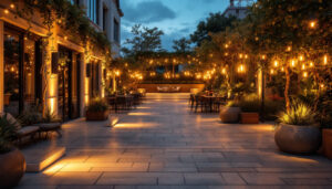 A photograph of a beautifully lit outdoor space showcasing various lighting installations