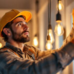 A photograph of a lighting contractor expertly installing low wattage lamps in a residential setting