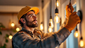 A photograph of a lighting contractor expertly installing low wattage lamps in a residential setting