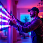 A photograph of a skilled lighting contractor installing vibrant rgb led lights in a modern residential or commercial space
