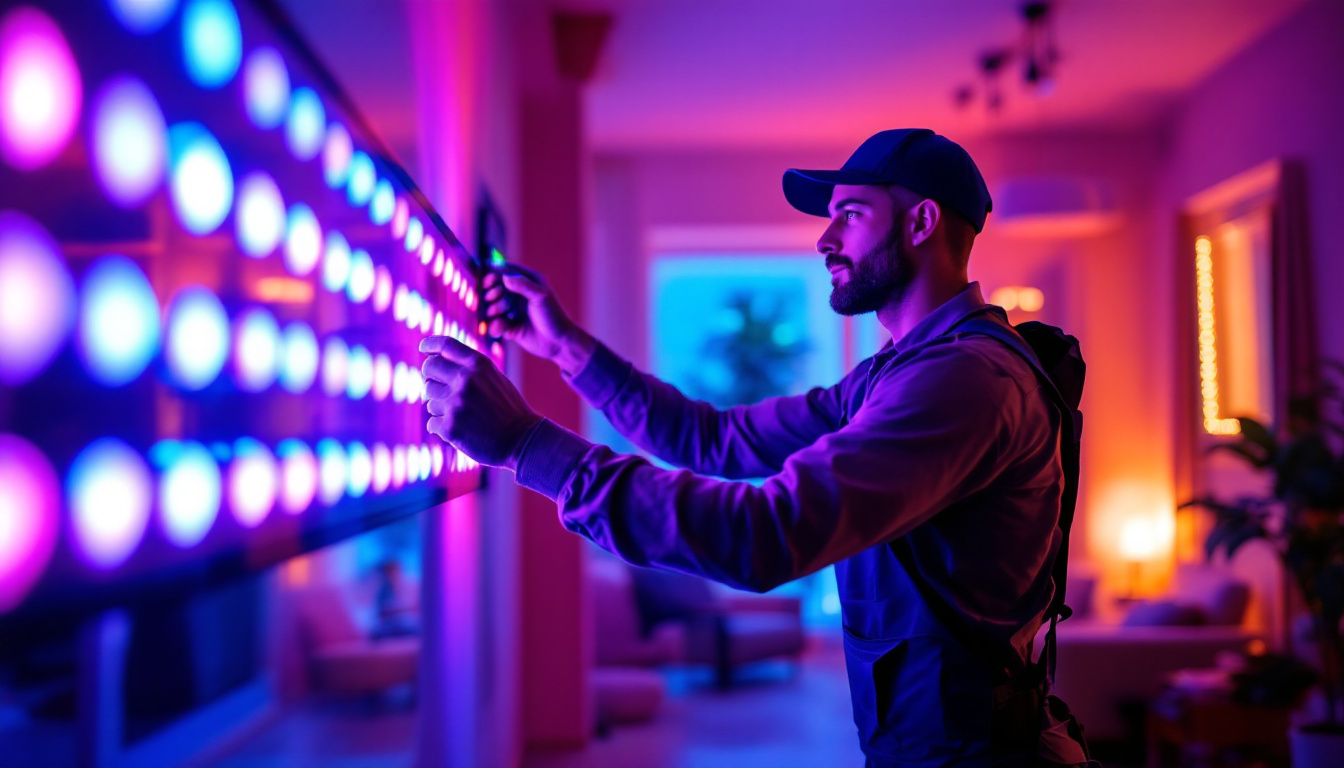 A photograph of a skilled lighting contractor installing vibrant rgb led lights in a modern residential or commercial space