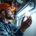 A photograph of a lighting contractor installing or examining a fluorescent light bulb in a commercial or residential setting