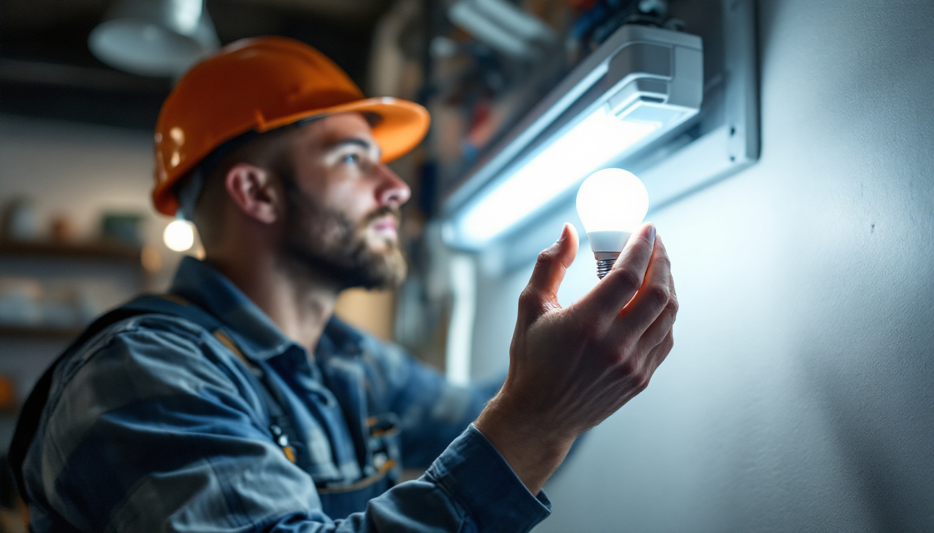 A photograph of a lighting contractor installing or examining a fluorescent light bulb in a commercial or residential setting