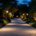 A photograph of a beautifully illuminated driveway featuring stylish post lights at dusk