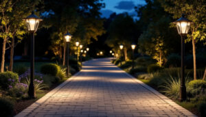 A photograph of a beautifully illuminated driveway featuring stylish post lights at dusk