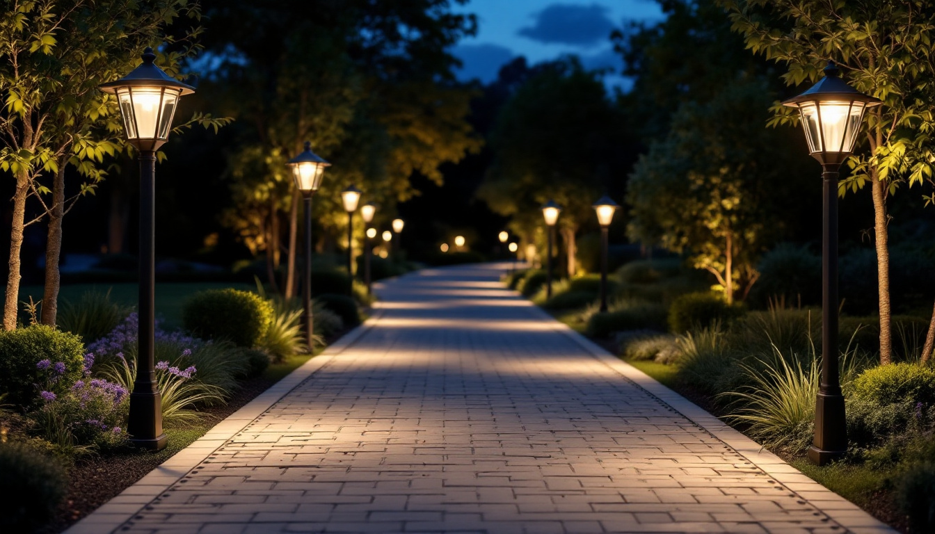 A photograph of a beautifully illuminated driveway featuring stylish post lights at dusk