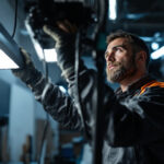 A photograph of a skilled lighting contractor expertly installing a 4-foot shop light in a well-lit workspace