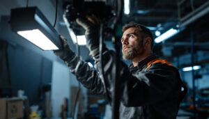 A photograph of a skilled lighting contractor expertly installing a 4-foot shop light in a well-lit workspace