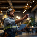 A photograph of a lighting contractor adjusting a 0-10v dimmable lighting system in a commercial space
