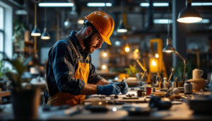 A photograph of a lighting contractor in action