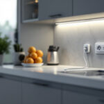 A photograph of a modern kitchen featuring sleek under cabinet lighting and a stylish power strip