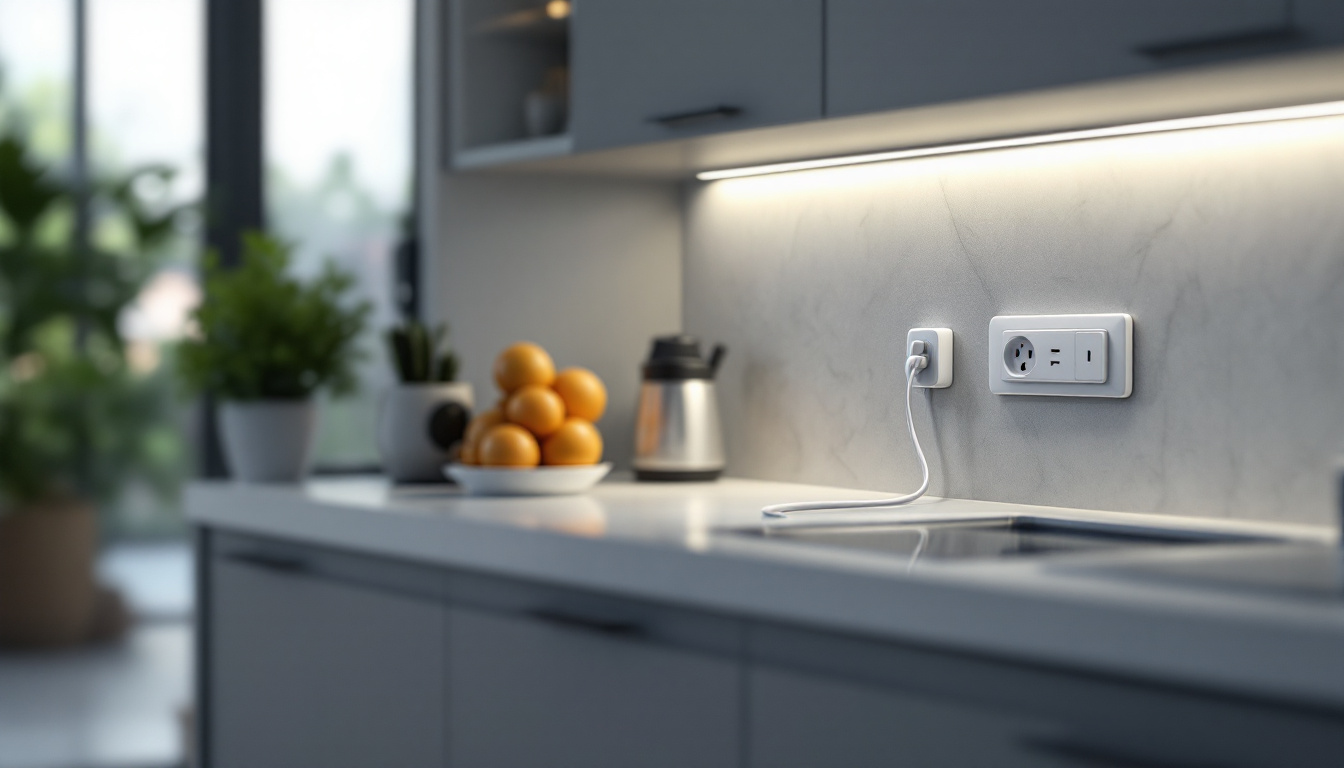 A photograph of a modern kitchen featuring sleek under cabinet lighting and a stylish power strip