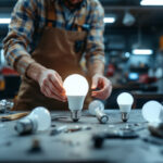 A photograph of a lighting contractor examining various sizes of fluorescent bulbs laid out on a workbench