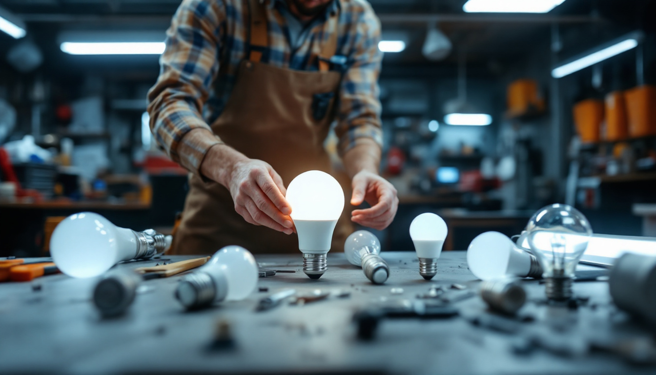 A photograph of a lighting contractor examining various sizes of fluorescent bulbs laid out on a workbench