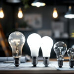 A photograph of a well-lit workspace featuring a variety of light bulbs with visible lumen ratings