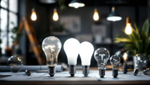 A photograph of a well-lit workspace featuring a variety of light bulbs with visible lumen ratings