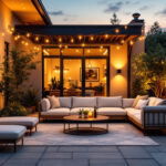 A photograph of a beautifully illuminated outdoor space featuring various types of home lighting installations