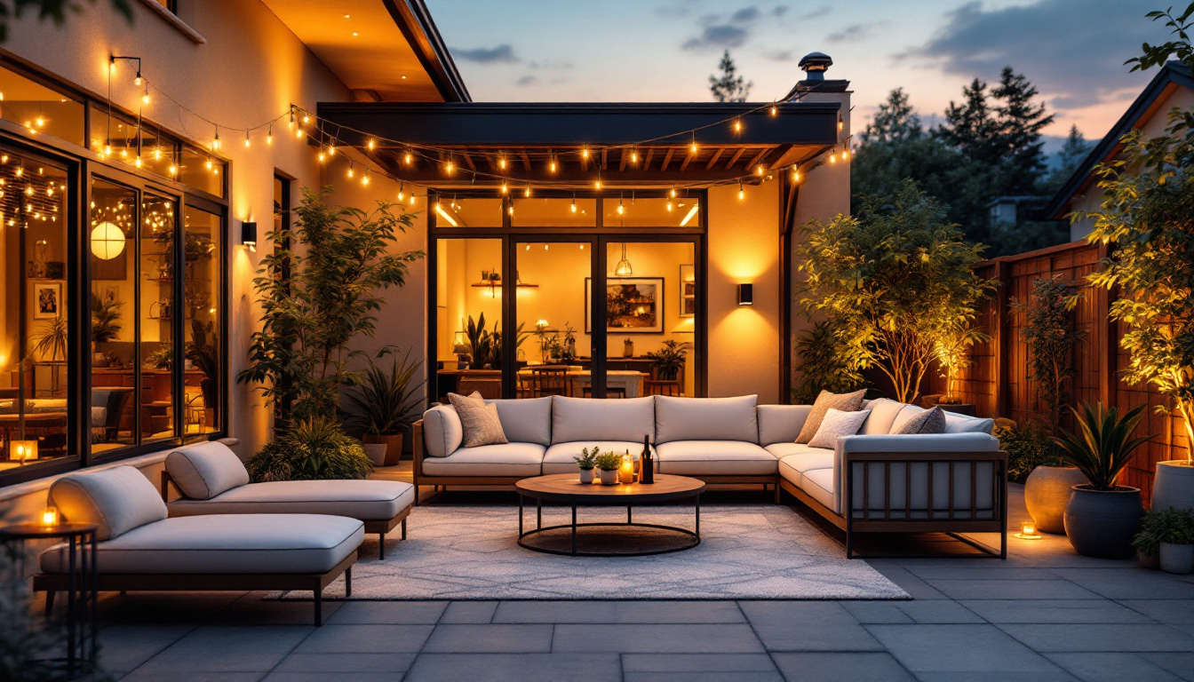 A photograph of a beautifully illuminated outdoor space featuring various types of home lighting installations