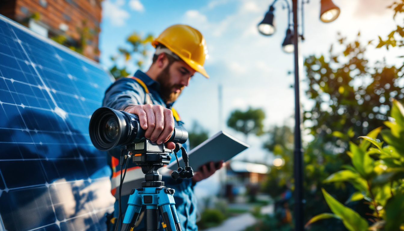 A photograph of a lighting contractor examining a solar-powered lighting system in a vibrant outdoor setting
