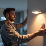 A photograph of a lighting contractor installing an indoor motion sensor light in a modern home setting