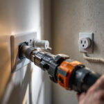 A photograph of a lighting contractor efficiently installing or inspecting a modern dryer outlet in a residential setting