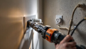 A photograph of a lighting contractor efficiently installing or inspecting a modern dryer outlet in a residential setting