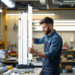 A photograph of a lighting contractor in the midst of selecting and measuring various fluro tube sizes in a well-organized workshop