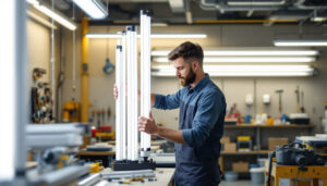 A photograph of a lighting contractor in the midst of selecting and measuring various fluro tube sizes in a well-organized workshop