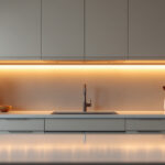 A photograph of a beautifully designed kitchen showcasing elegant under cabinet lighting that highlights the countertops and enhances the overall ambiance
