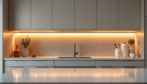 A photograph of a beautifully designed kitchen showcasing elegant under cabinet lighting that highlights the countertops and enhances the overall ambiance