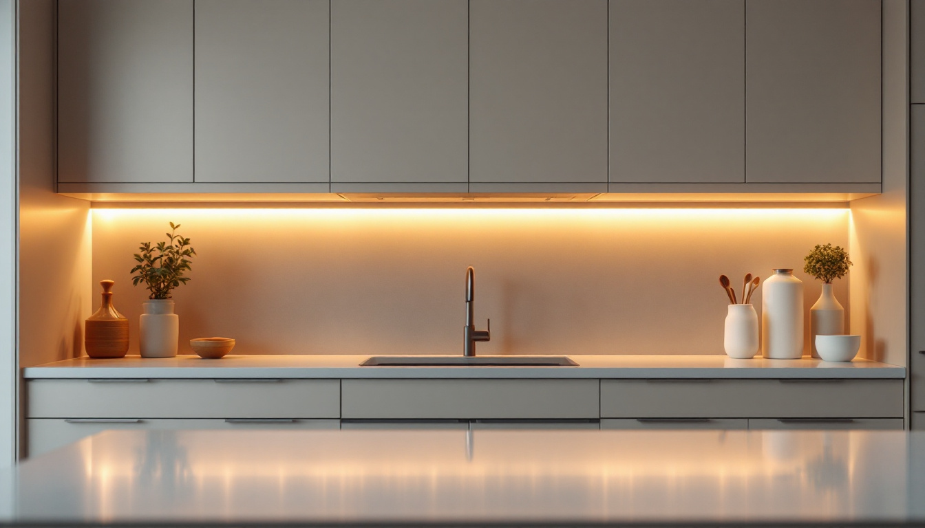A photograph of a beautifully designed kitchen showcasing elegant under cabinet lighting that highlights the countertops and enhances the overall ambiance